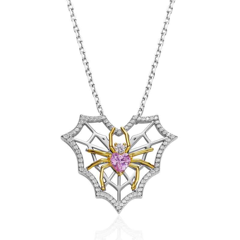 Jzora Handmade Pink Heart Cobweb Sterling Silver Diamond Necklace