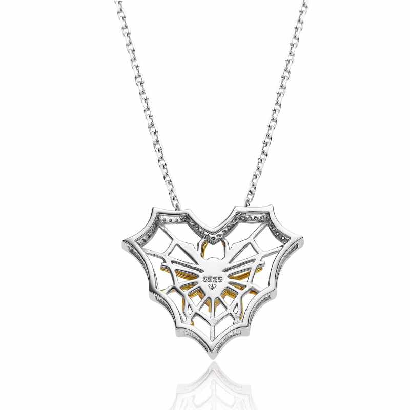 Jzora Handmade Pink Heart Cobweb Sterling Silver Diamond Necklace