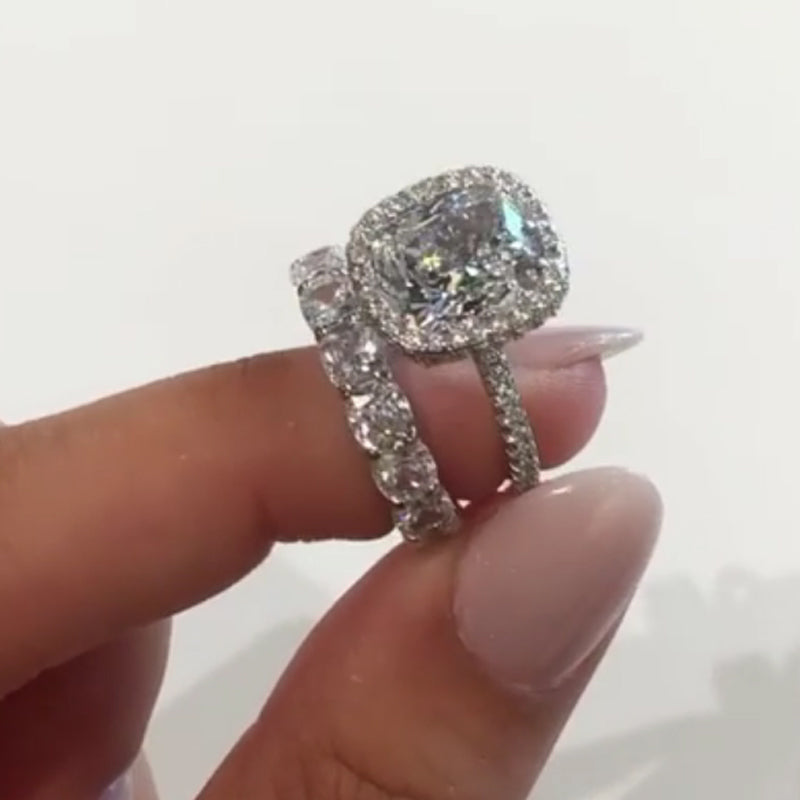 Jzora cushion cut created diamond sterling silver bridal set wedding ring