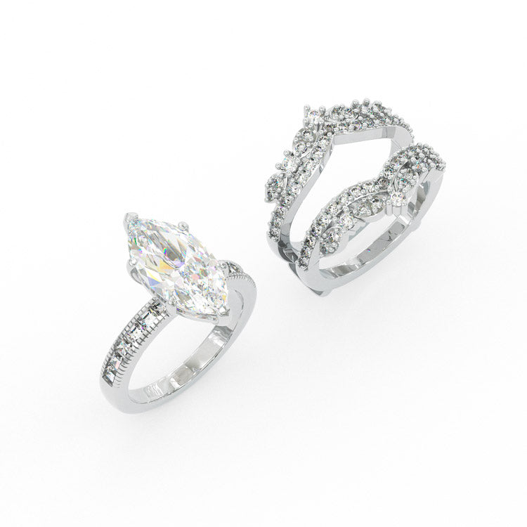 Jzora 3 CT Marquise Cut Created 2 PCS Diamond Sterling Silver Bridal Set Wedding Ring