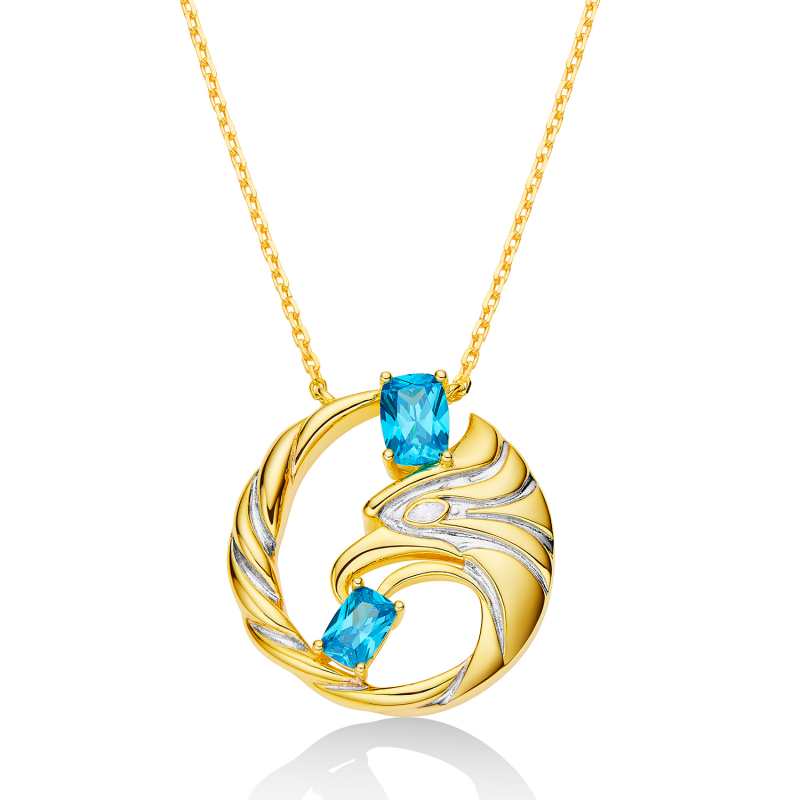 Jzora Handmade Gold Falcon Cushion Cut Sterling Silver Diamond Necklace