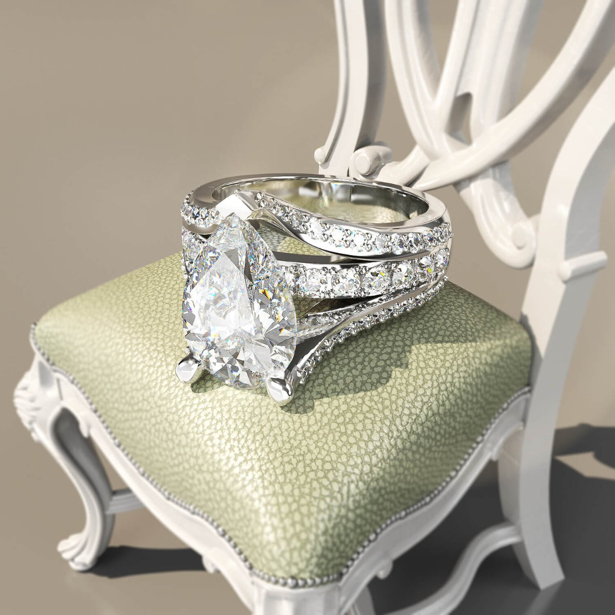 Jzora pear cut diamond with wave band sterling silver engagement ring