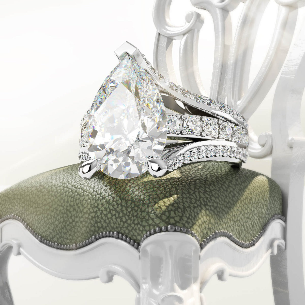 Jzora pear cut diamond with wave band sterling silver engagement ring