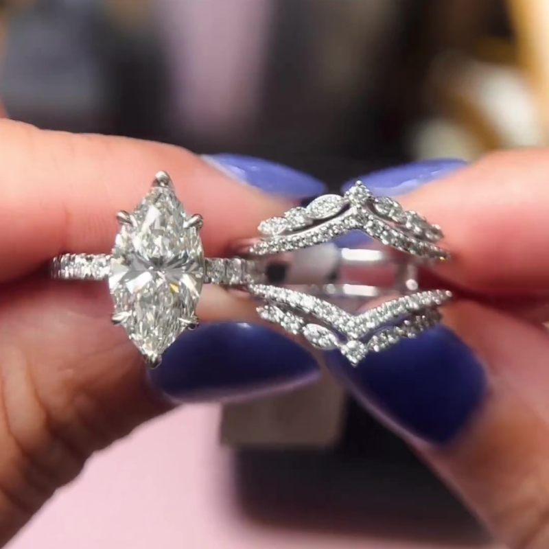 Jzora Vintage 3 CT Marquise Cut Created 2 PCS Diamond Sterling Silver Bridal Set Wedding Ring