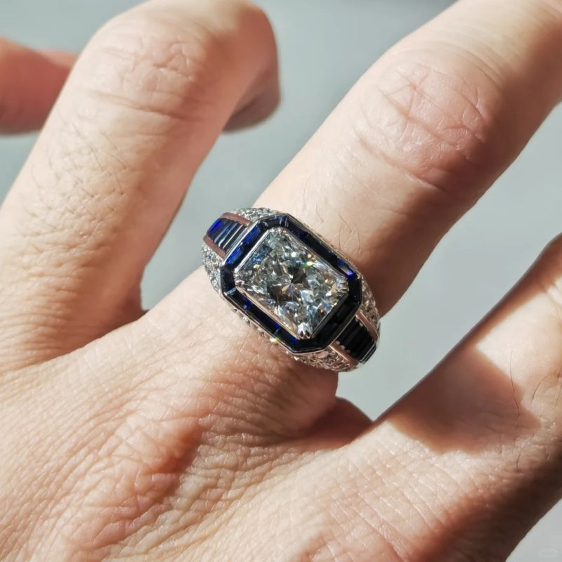 Jzora handmade 3ct radiant cut vintage sterling silver ring