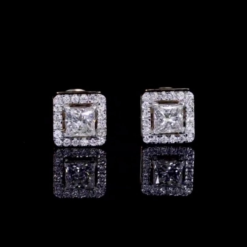 Jzora handmade princess cut halo sterling silver earrings