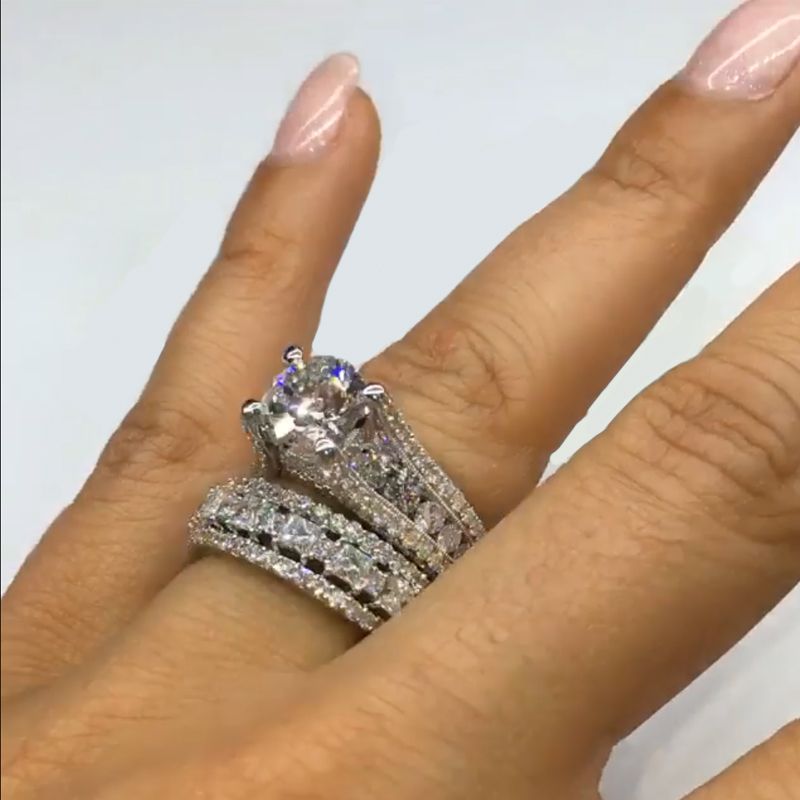 Jzora handmade 3.0ct round cut with round pave sterling silver wedding ring bridal set