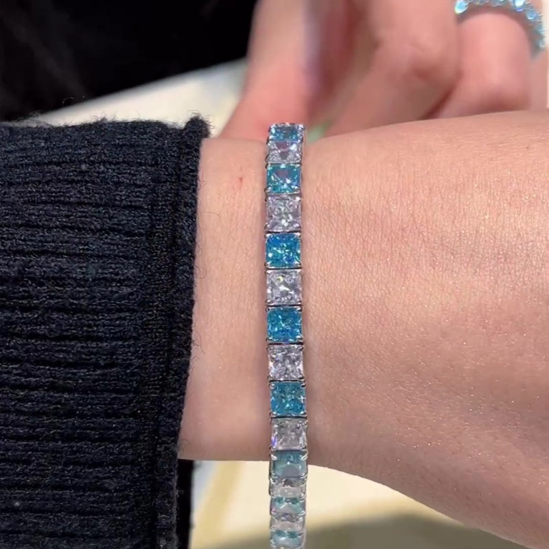 Jzora handmade aqua blue princess cut chic tennis sterling silver bracelet