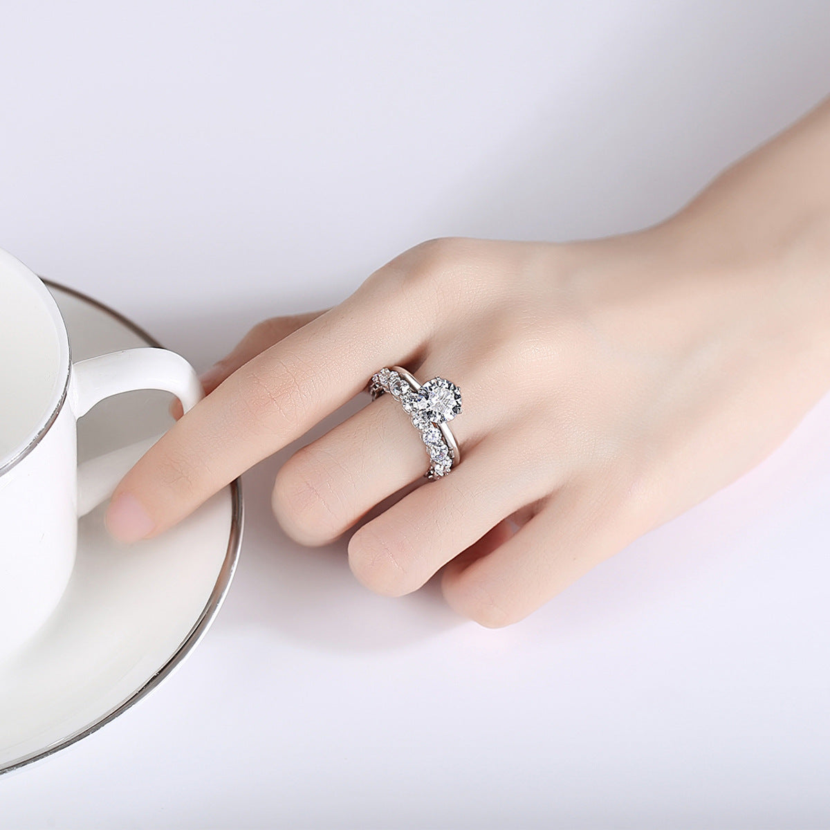 Jzora handmade 2ct round cut exquisite moissanite sterling silver wedding 2pcs ring set