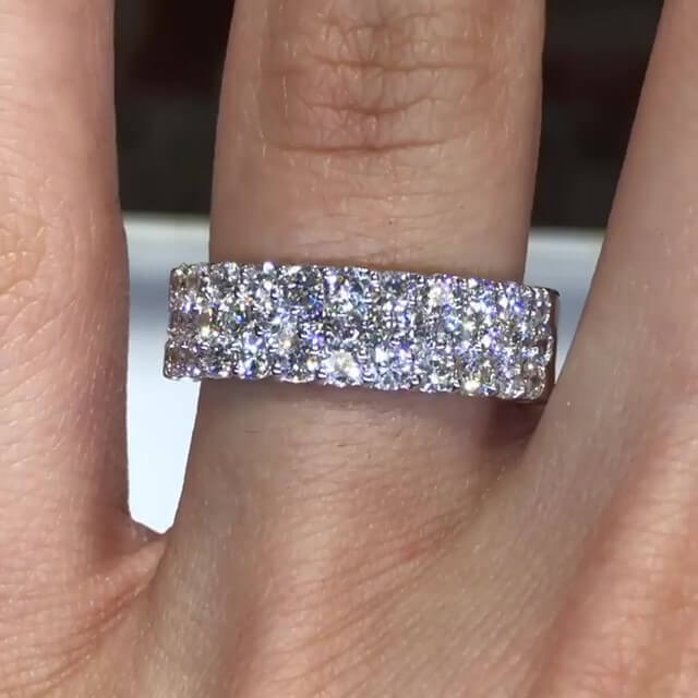 Jzora handmade round cut rows diamond sterling silver women's band wedding ring