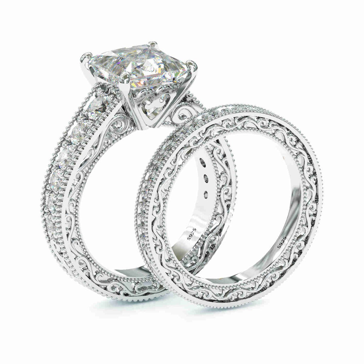 Jzora handmade princess cut sterling silver classic wedding ring bridal set