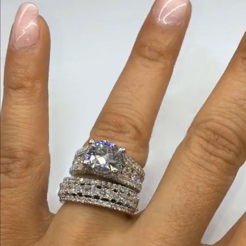 Jzora handmade 3.0ct round cut with round pave sterling silver wedding ring bridal set