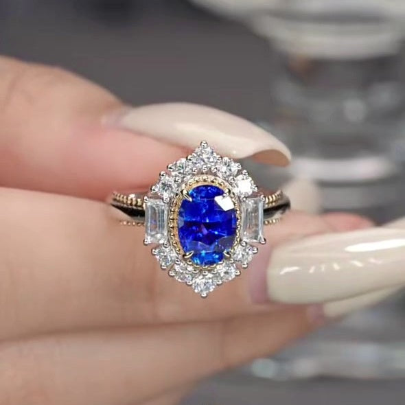 Jzora handmade 2ct sapphire oval cut vintage sterling silver ring