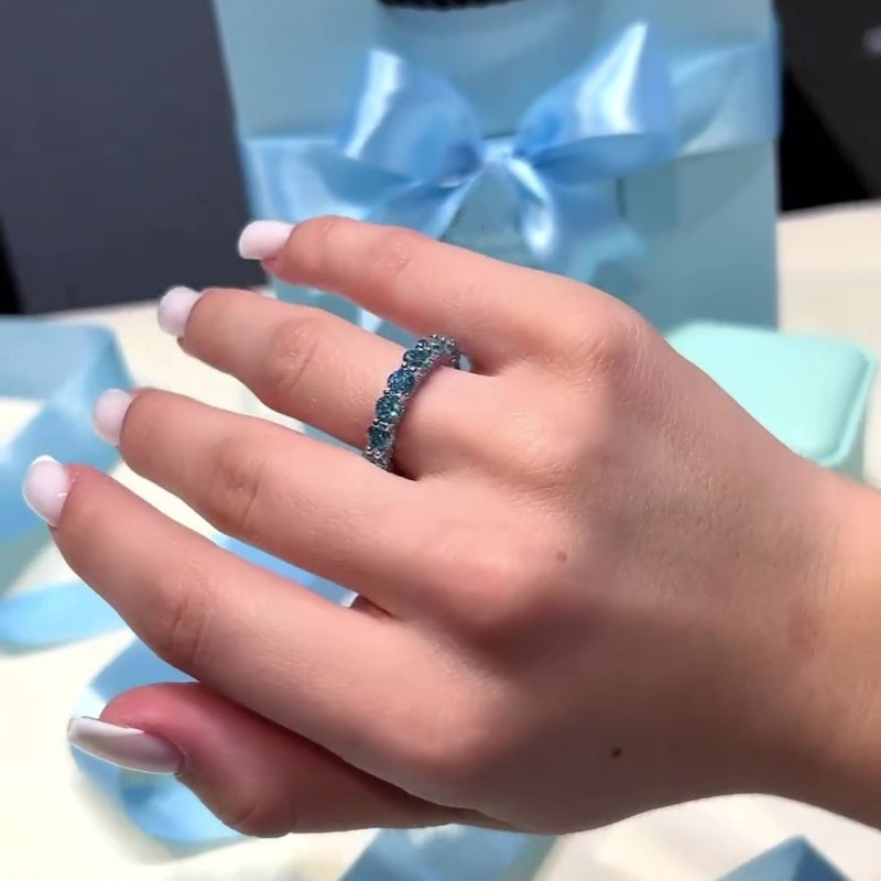 Jzora handmade aqua blue round cut fashion sterling silver ring