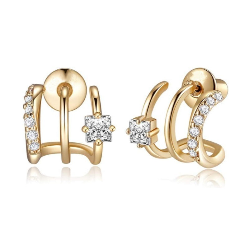 Jzora handmade princess&round cut single hole double hoop sterling silver earrings