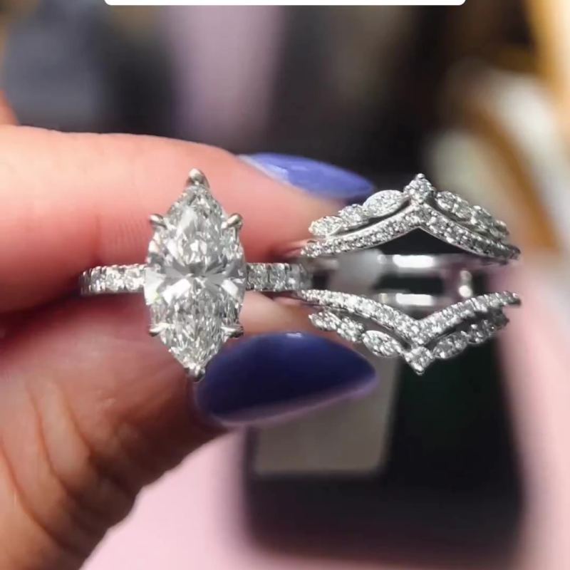Jzora Vintage 3 CT Marquise Cut Created 2 PCS Diamond Sterling Silver Bridal Set Wedding Ring