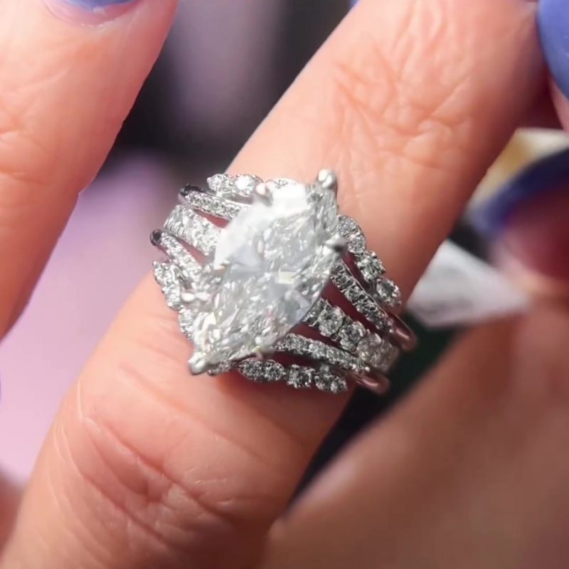 Jzora Vintage 3 CT Marquise Cut Created 2 PCS Diamond Sterling Silver Bridal Set Wedding Ring