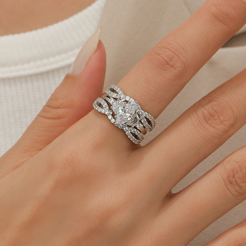 Jzora handmade 1 ct marquise cut 2 pieces classic sterling silver bridal ring set