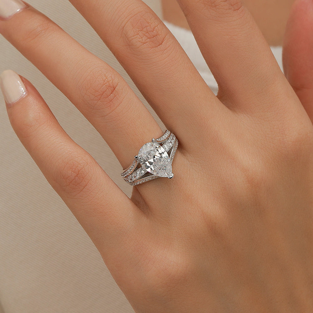 Jzora pear cut diamond with wave band sterling silver engagement ring