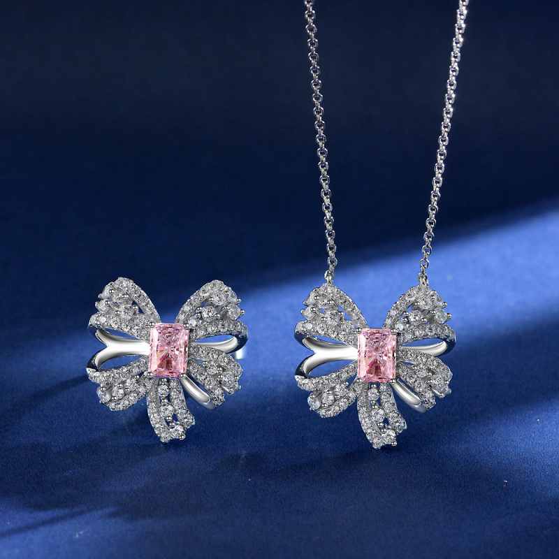 Jzora handmade pink radiant bow sterling silver diamond necklace