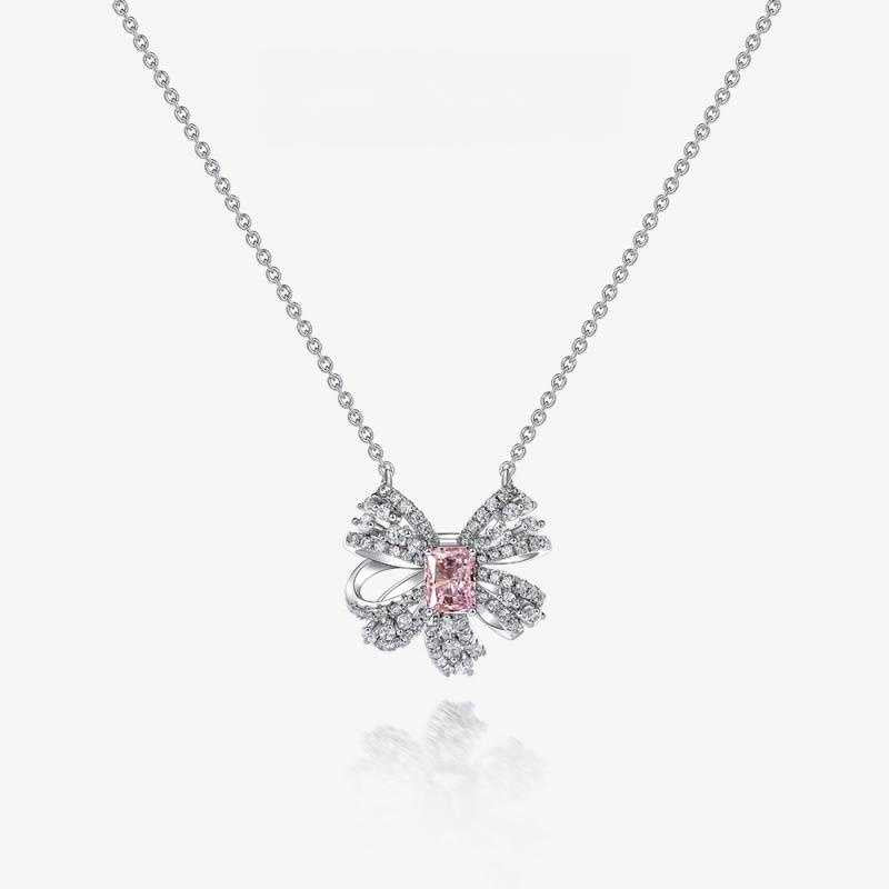 Jzora handmade pink radiant bow sterling silver diamond necklace