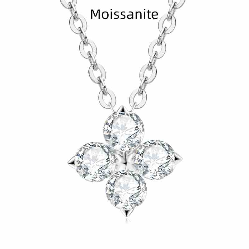 Jzora handmade round cut four leaf clover Moissanite sterling silver necklace
