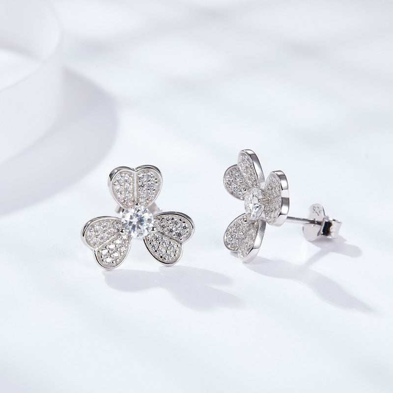 Jzora handmade lucky clover moissanite simple sterling silver earrings
