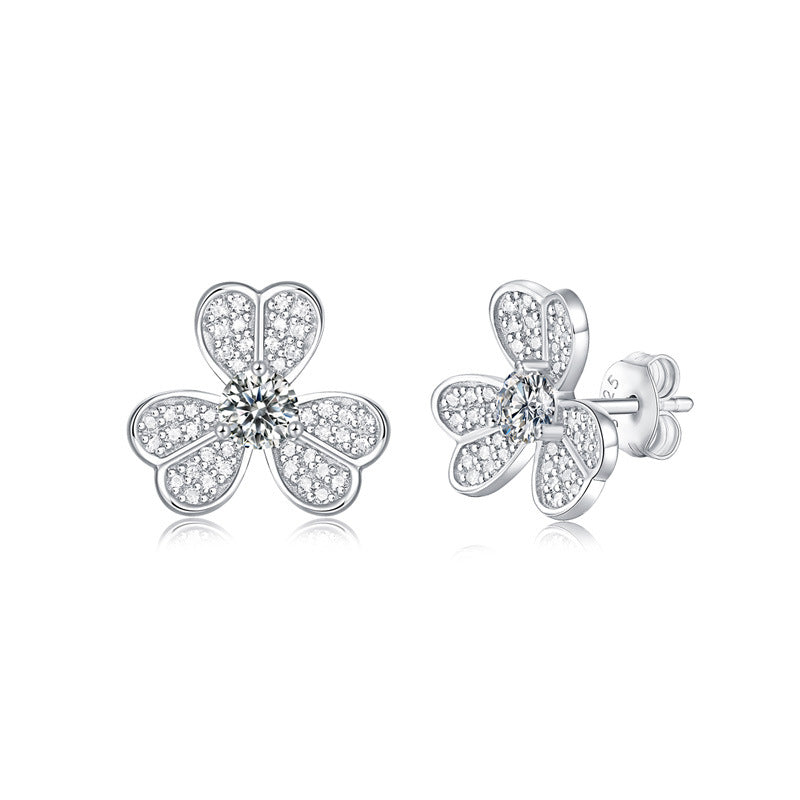Jzora handmade lucky clover moissanite simple sterling silver earrings