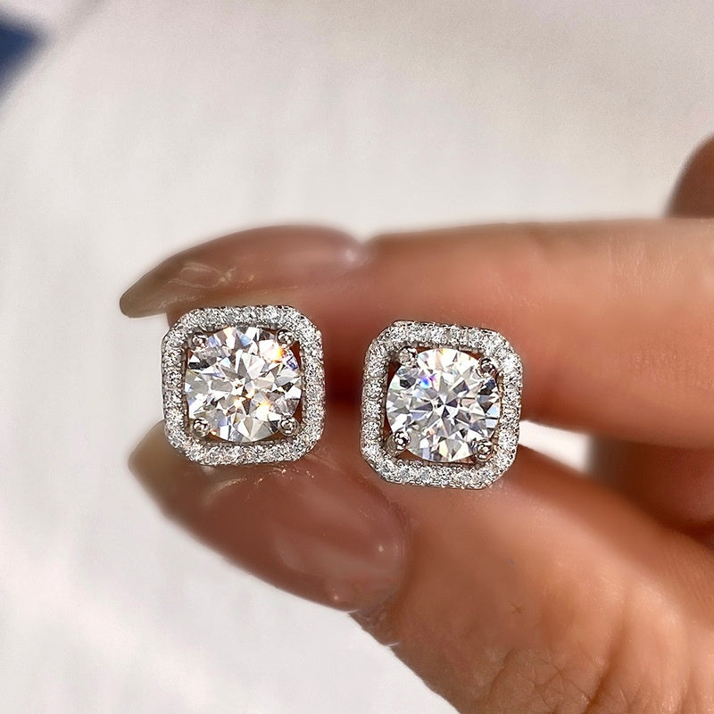 Jzora handmade 2ct round cut halo moissanite sterling silver earrings
