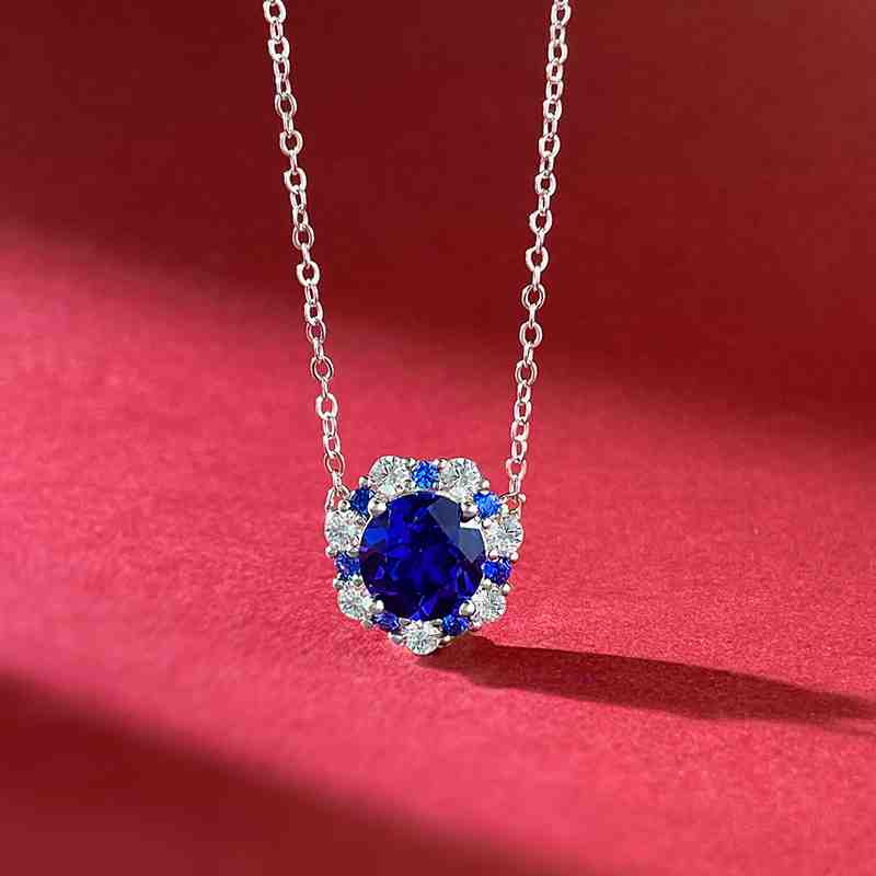 Jzora handmade 2ct sapphire round cut vintage sterling silver necklace