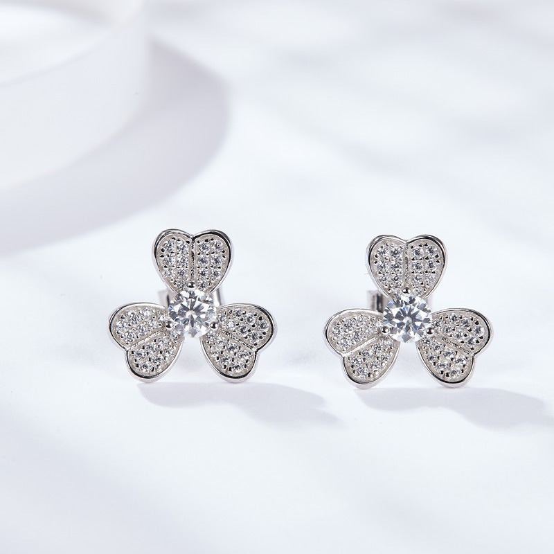 Jzora handmade lucky clover moissanite simple sterling silver earrings