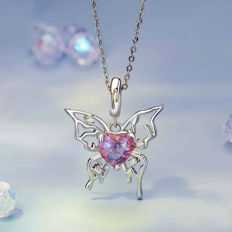 Jzora Romantic Openwork Butterfly Pink Bloodbath Butterfly Sterling Silver Charm