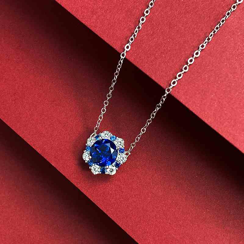 Jzora handmade 2ct sapphire round cut vintage sterling silver necklace