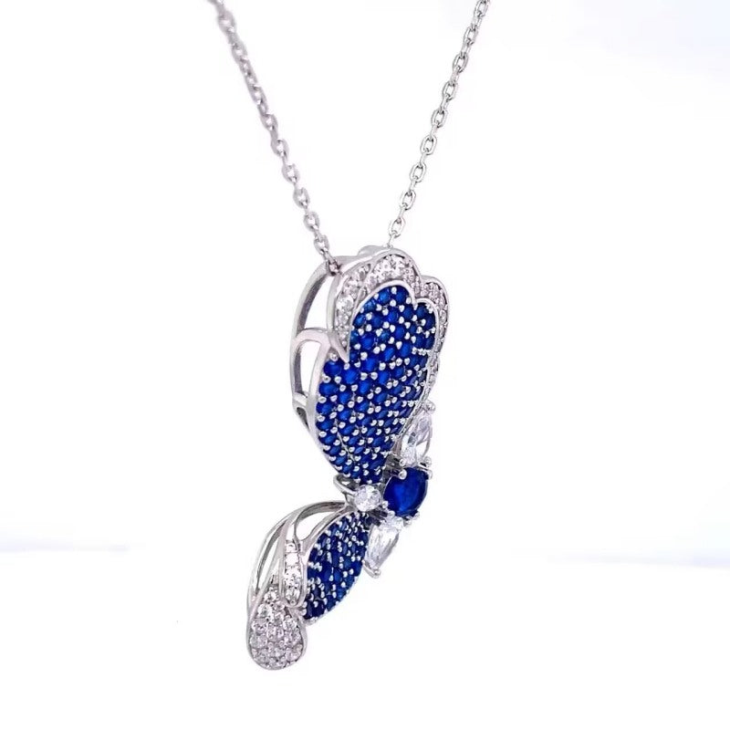 Jzora Handmade Burma Blue Round Cut Butterfly Sterling Silver Necklace