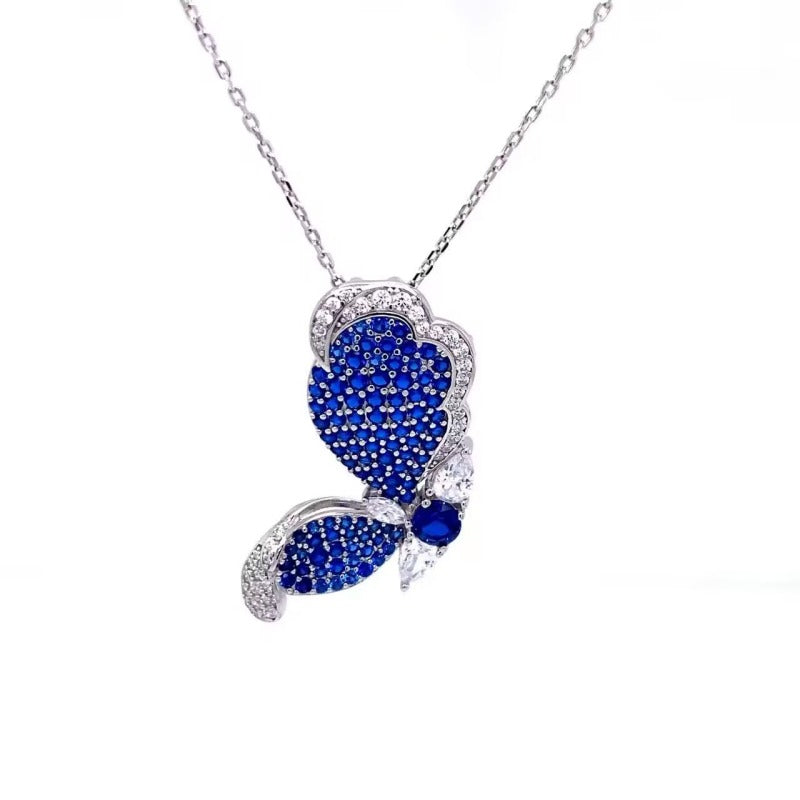 Jzora Handmade Burma Blue Round Cut Butterfly Sterling Silver Necklace