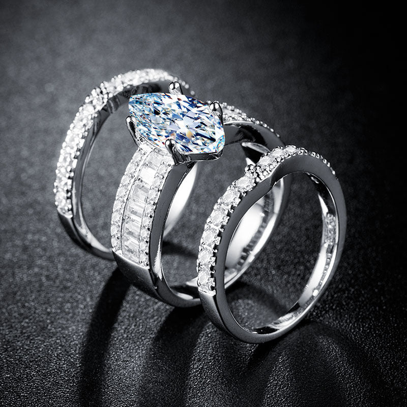 Jzora vintage marquise cut handmade created diamond sterling silver bridal set wedding ring