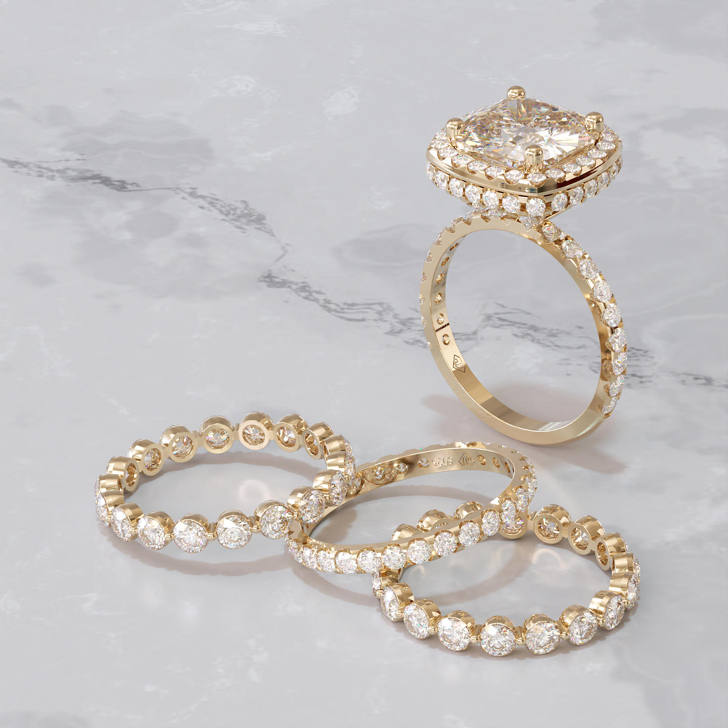 Jzora handmade classic cushion cut halo 4 pcs vintage wedding ring bridal set
