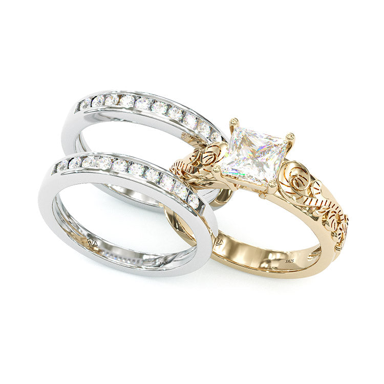 Jzora princess cut vintage style sterling silver wedding bridal ring set