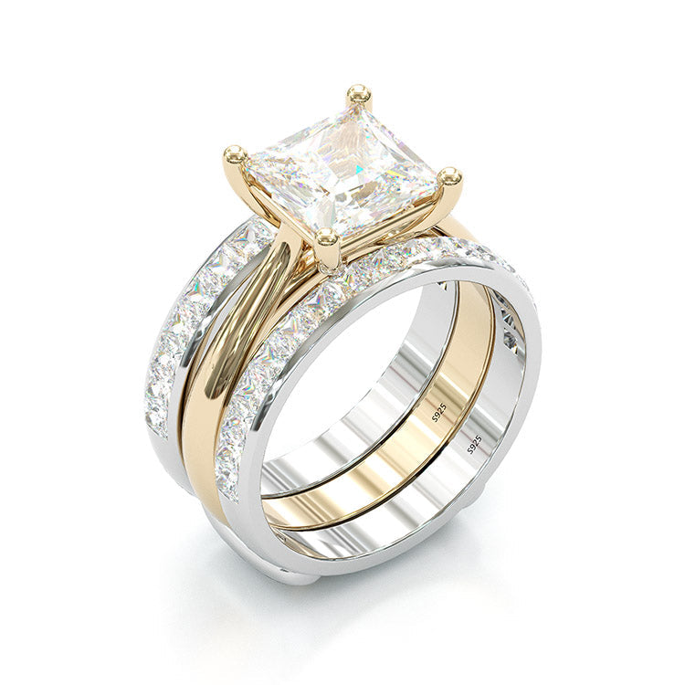Jzora handmade princess cut two tone anniversary ring wedding ring silver bridal set