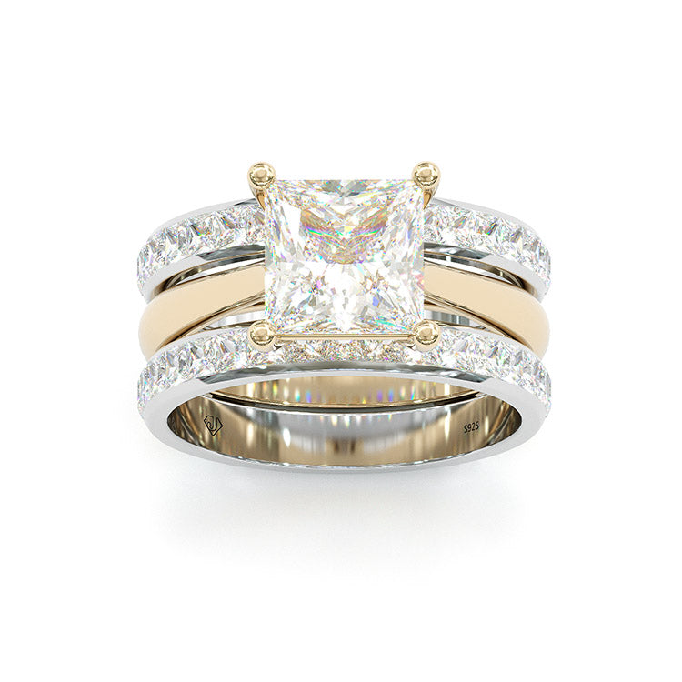 Jzora handmade princess cut two tone anniversary ring wedding ring silver bridal set