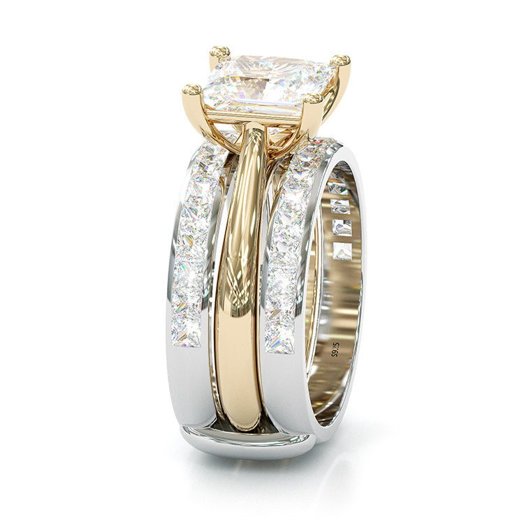 Jzora handmade princess cut two tone anniversary ring wedding ring silver bridal set