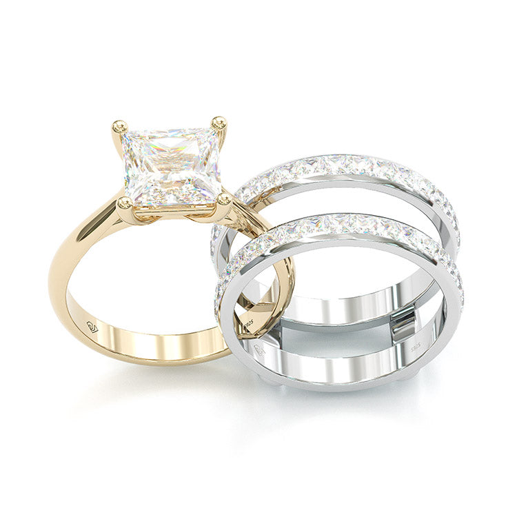 Jzora handmade princess cut two tone anniversary ring wedding ring silver bridal set