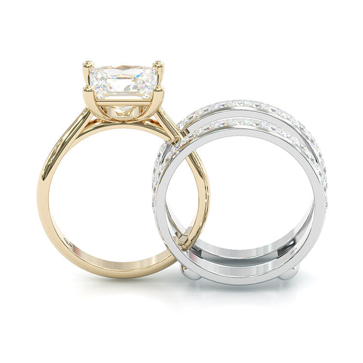 Jzora handmade princess cut two tone anniversary ring wedding ring silver bridal set