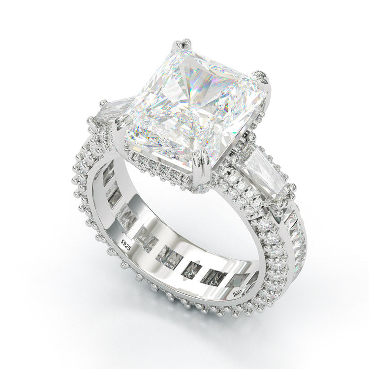 Jzora handmade radiant cut three stone diamond sterling silver engagement ring
