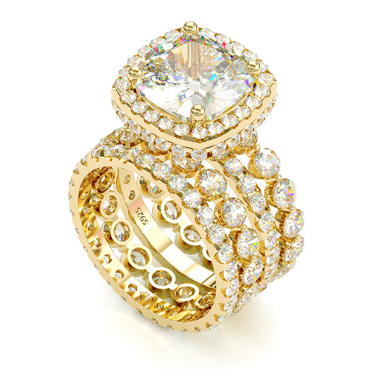 Jzora handmade classic cushion cut halo 4 pcs vintage wedding ring bridal set