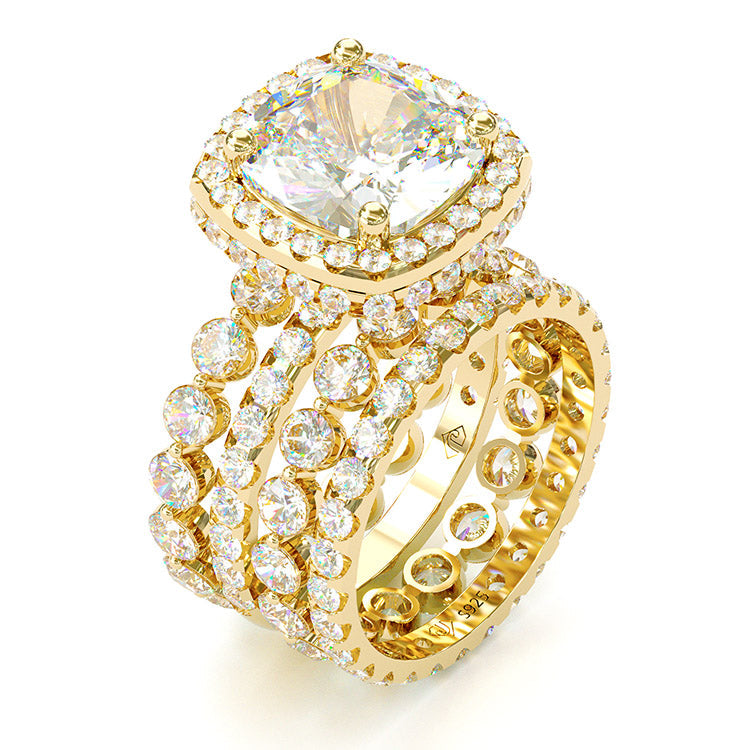 Jzora handmade classic cushion cut halo 4 pcs vintage wedding ring bridal set