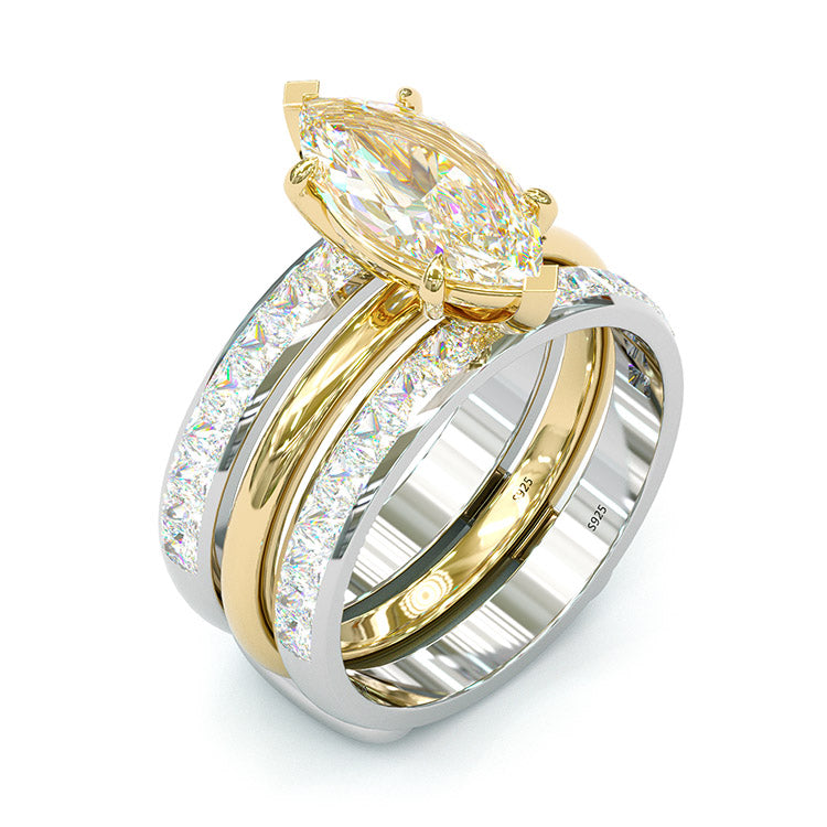 Jzora handmade marquise cut two tone anniversary ring wedding ring silver bridal set