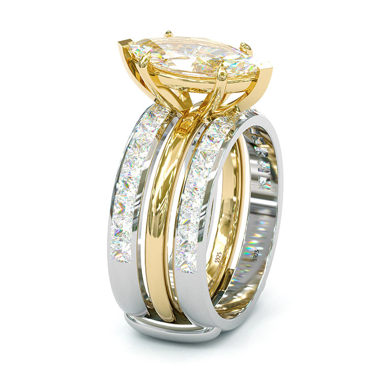 Jzora handmade marquise cut two tone anniversary ring wedding ring silver bridal set