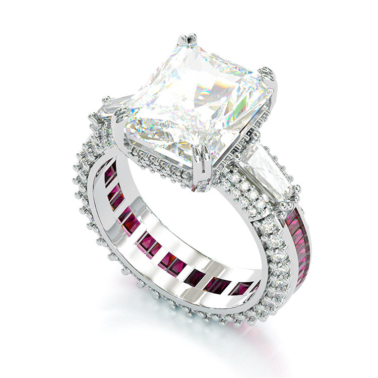 Jzora handmade emerald cut three stone diamond sterling silver engagement ring