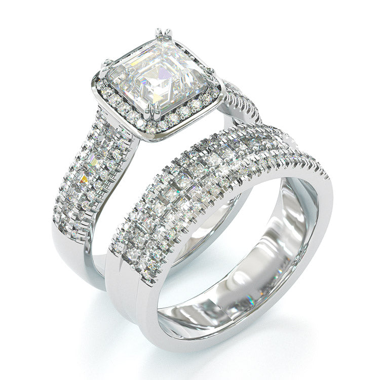 Jzora handmade vintage princess cut halo created diamond sterling silver wedding ring bridal set